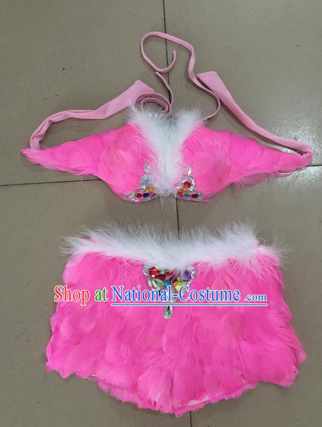 Top Grade Professional Performance Catwalks Costume Pink Feather Bikini, Traditional Brazilian Rio Carnival Samba Dance Modern Fancywork Swimsuit for Women