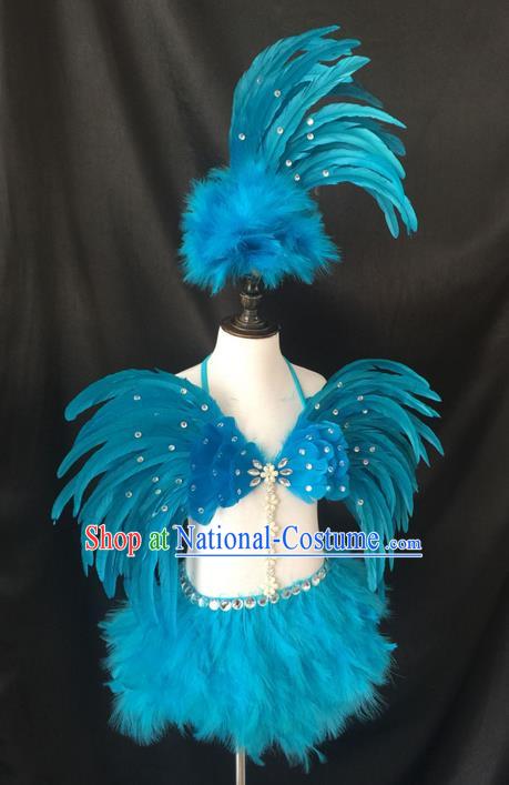 Top Grade Professional Performance Catwalks Blue Feather Swimsuit Costume, Traditional Brazilian Rio Carnival Samba Dance Modern Fancywork Clothing for Girls