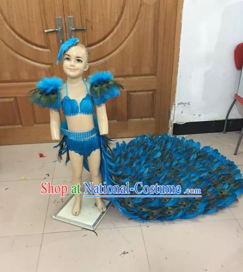 Top Grade Professional Performance Catwalks Swimsuit Costume, Traditional Brazilian Rio Carnival Samba Dance Modern Fancywork Long Streaking Bikini Clothing for Kids