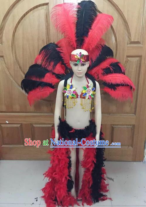 Top Grade Professional Performance Catwalks Swimsuit Feather Costume, Traditional Brazilian Rio Carnival Samba Dance Modern Fancywork Bikini Clothing and Wings for Kids