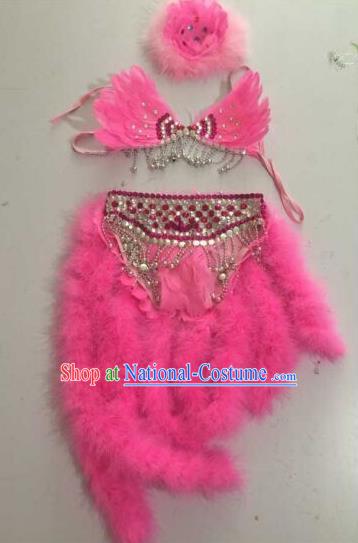 Top Grade Professional Performance Catwalks Swimsuit Pink Feather Costume, Traditional Brazilian Rio Carnival Samba Dance Modern Fancywork Bikini Clothing for Kids