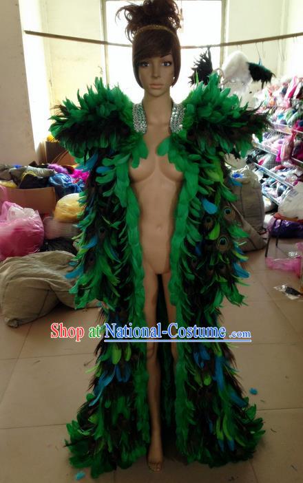 Top Grade Professional Performance Catwalks Feather Cape, Brazilian Rio Carnival Parade Samba Belly Dance Opening Dance Green Feather Cloak for Women