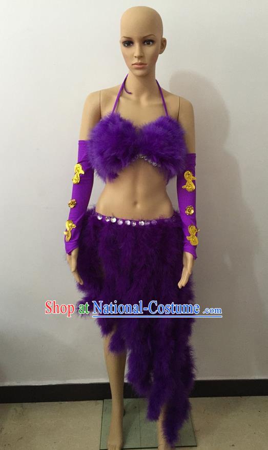 Top Grade Professional Performance Catwalks Costume Purple Swimsuit, Brazilian Rio Carnival Parade Samba Belly Dance Opening Dance Bikini for Women