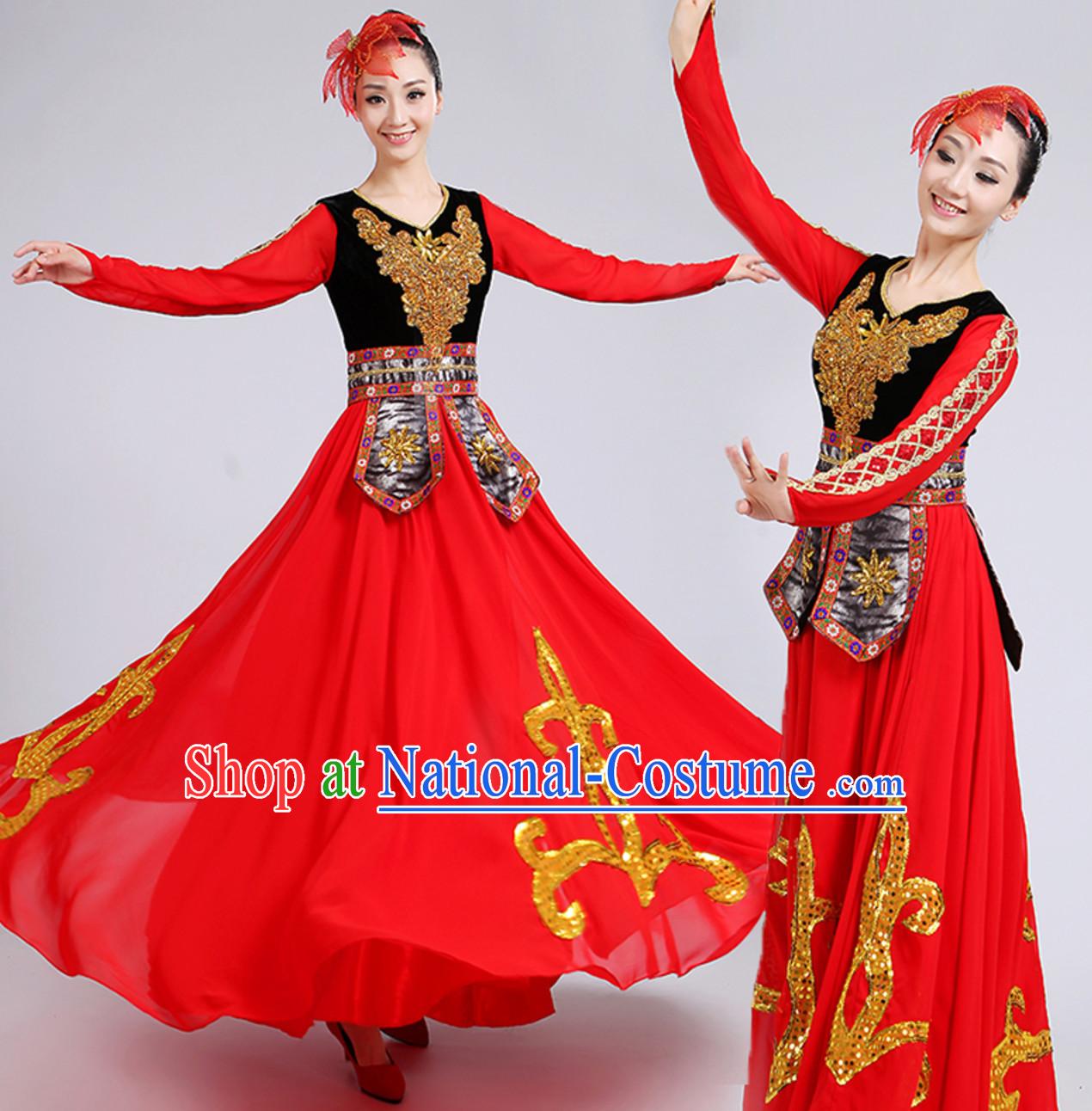 Red Traditional Xinjiang Folk Dance Costumes Chinese Minority Ethnic Stage Dance Dresses for Adults