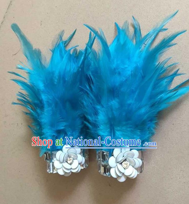 Top Grade Professional Performance Catwalks Wrist Accessories Bracelets, Brazilian Rio Carnival Parade Samba Dance Blue Feather Bracelet for Women