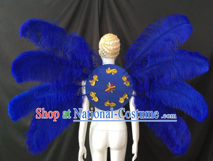 Top Grade Professional Performance Catwalks Royalblue Feathers Decorations Backplane, Brazilian Rio Carnival Parade Samba Dance Wings for Women