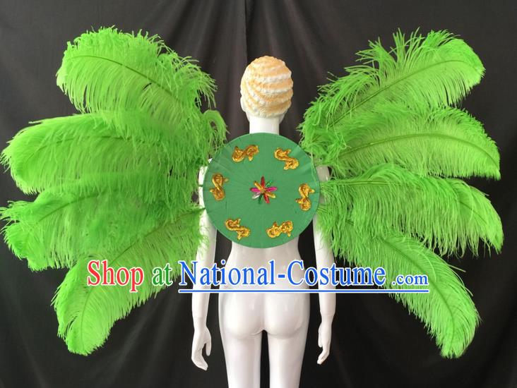 Top Grade Professional Performance Catwalks Green Feathers Decorations Backplane, Brazilian Rio Carnival Parade Samba Dance Wings for Women