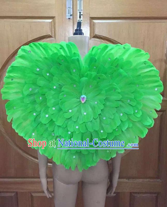 Top Grade Professional Performance Catwalks Green Feathers Decorations Heart-shaped Backplane, Brazilian Rio Carnival Parade Samba Dance Props for Women