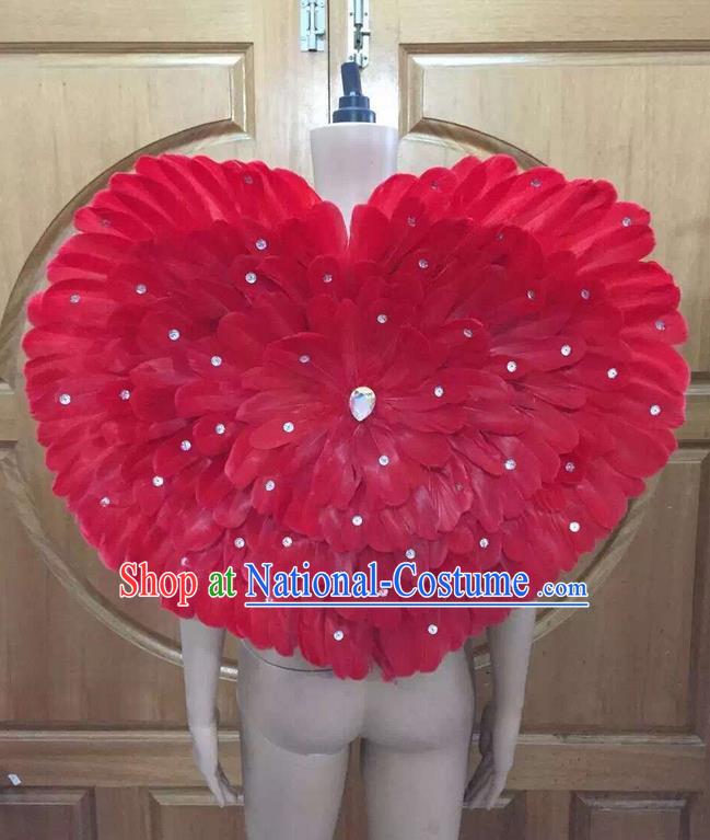 Top Grade Professional Performance Catwalks Red Feathers Decorations Heart-shaped Backplane, Brazilian Rio Carnival Parade Samba Dance Props for Women