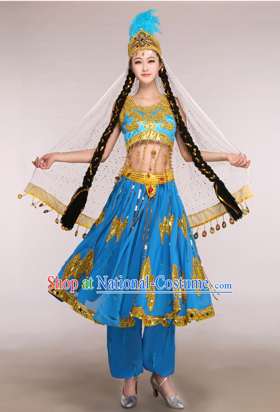 Blue Traditional Xinjiang Folk Dance Costumes for Adults Chinese Minority Ethnic Dance Outfits