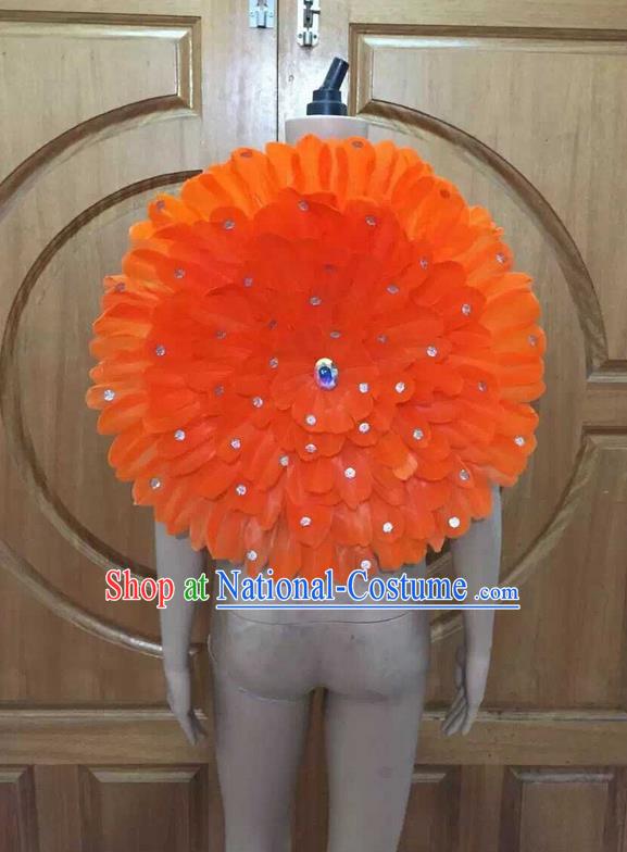 Top Grade Professional Performance Catwalks Orange Feathers Decorations Round Backplane, Brazilian Rio Carnival Parade Samba Dance Props for Women