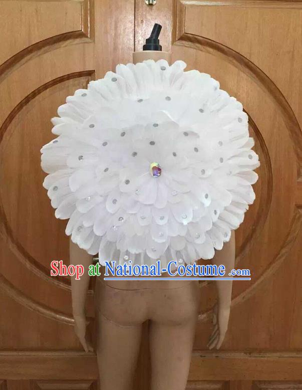 Top Grade Professional Performance Catwalks White Feathers Decorations Round Backplane, Brazilian Rio Carnival Parade Samba Dance Props for Women