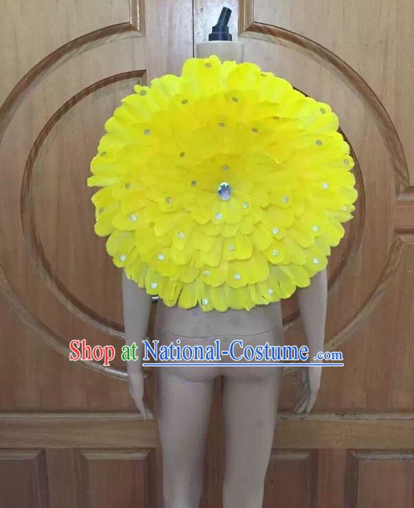 Top Grade Professional Performance Catwalks Yellow Feathers Decorations Round Backplane, Brazilian Rio Carnival Parade Samba Dance Props for Women