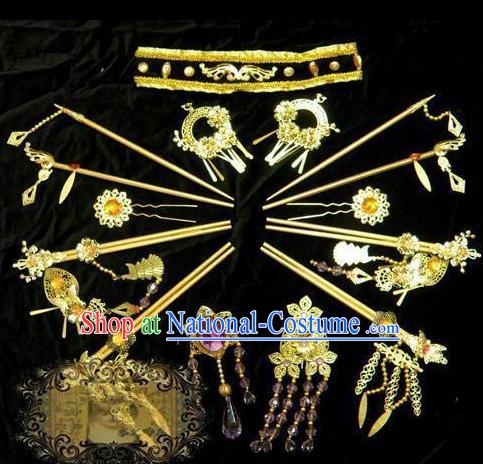 Top Grade Traditional China Ancient Cosplay Hair Accessories, China Ancient Wedding Bride Princess Headpiece Headwear Hairpins Complete Set for Women