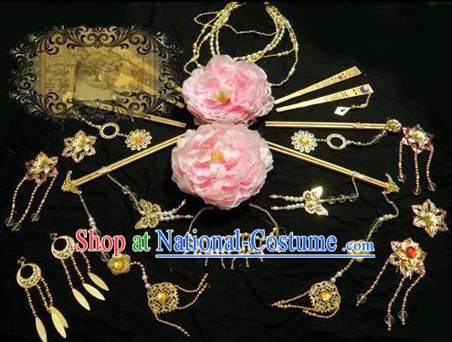 Top Grade Traditional China Ancient Cosplay Hair Accessories and Necklace Earrings, China Ancient Wedding Bride Princess Headpiece Headwear Hairpins Complete Set for Women