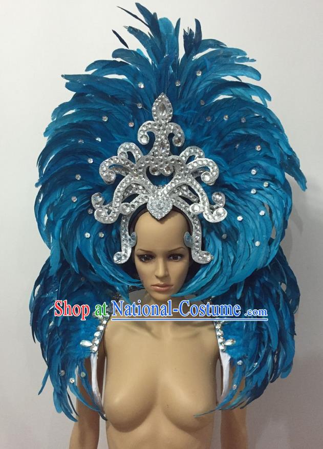 Top Grade Professional Performance Catwalks Opening Dance Blue Feather Big Hair Accessories, Brazilian Rio Carnival Parade Samba Dance Headpiece for Women