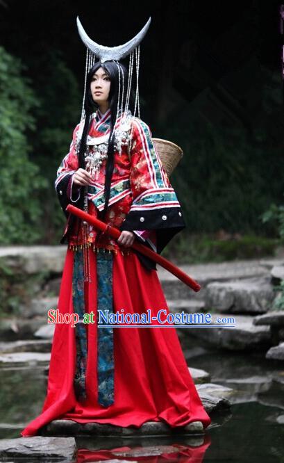 Top Grade Traditional China Ancient Cosplay Miao National Minority Wedding Costumes, China Ancient Hmong Bride Red Clothing for Women