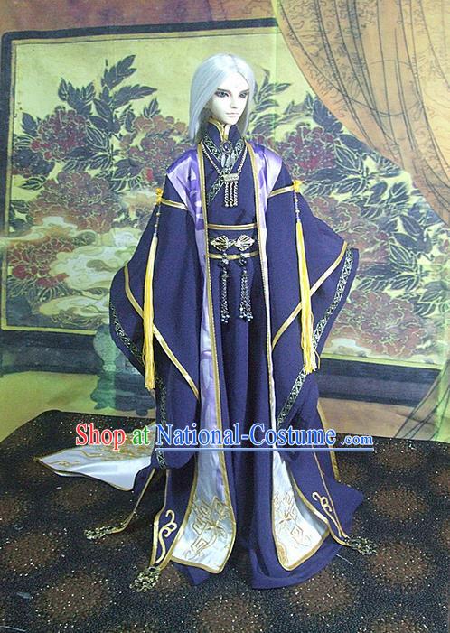 Top Grade Traditional China Ancient Cosplay Swordsman Costumes Complete Set, China Ancient Taoist Master Hanfu Purple Robe Clothing for Men for Kids