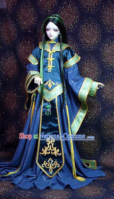 Top Grade Traditional China Ancient Cosplay Swordsman Blue Costumes Complete Set, China Ancient Taoist Royal Highness Hanfu Robe Clothing for Men for Kids