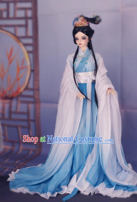 Top Grade Traditional China Ancient Female Fairy Costumes Complete Set, China Ancient Cosplay Tang Dynasty Princess Blue Dress Hanfu Clothing for Adults and Kids