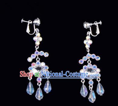 Chinese Ancient Peking Opera Head Accessories Young Lady Diva Colorful Crystal White Earrings, Traditional Chinese Beijing Opera Hua Tan Eardrop Ear Pendants