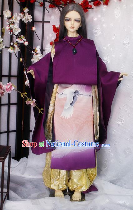 Top Grade Traditional Japan Crane Kimono Costumes Complete Set, Ancient Japanese Kimono Cosplay Purple Clothing for Adults and Kids