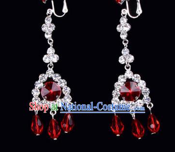 Chinese Ancient Peking Opera Head Accessories Young Lady Diva Colorful Crystal Red Tassel Earrings, Traditional Chinese Beijing Opera Hua Tan Ear Pendants