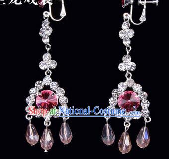 Chinese Ancient Peking Opera Head Accessories Young Lady Diva Colorful Crystal Pink Tassel Earrings, Traditional Chinese Beijing Opera Hua Tan Ear Pendants