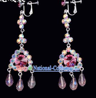 Chinese Ancient Peking Opera Head Accessories Young Lady Diva Colorful Crystal Pink Tassel Earrings, Traditional Chinese Beijing Opera Hua Tan Ear Pendants