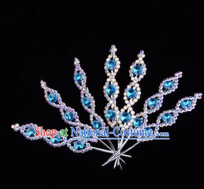 Chinese Ancient Peking Opera Head Accessories Young Lady Diva Crystal Headwear Blue Hairpins, Traditional Chinese Beijing Opera Hua Tan Head-ornaments