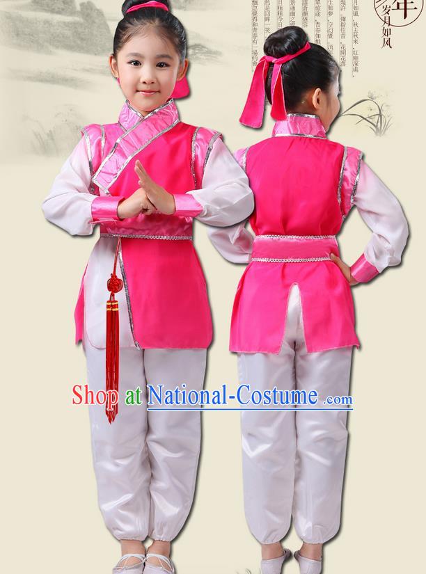 Top Grade Chinese Ancient Scholar Costume and Headwear Complete Set, Children Martial Arts Performance Pink Clothing for Kids