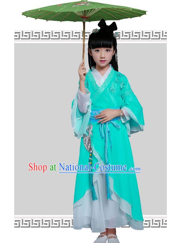 Top Grade Chinese Ancient Princess Costume, Children Peri Elegant Hanfu Dress Green Clothing for Kids