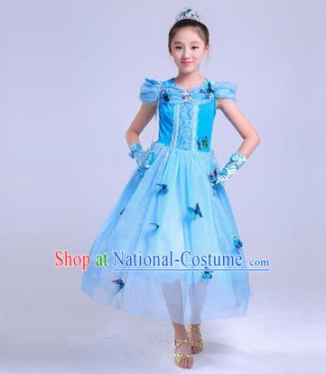 Top Grade Chinese Professional Halloween Performance Butterfly Costume, Children Cosplay Princess Blue Bubble Dress for Kids