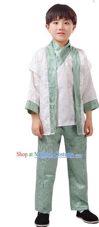 Top Grade Chinese Ancient Martial Arts Green Uniform Costume, Children Taiji Kung fu Blue Hanfu Clothing for Kids