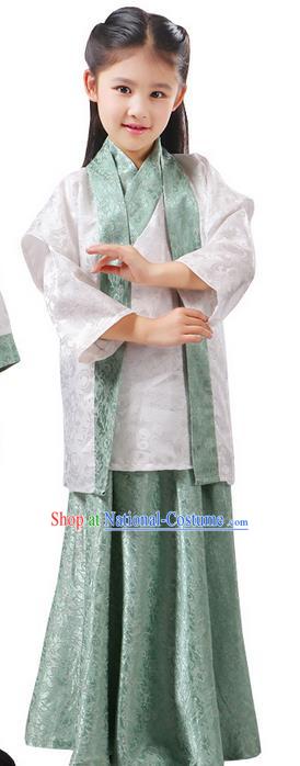 Top Grade Chinese Ancient Palace Princess Costume, Children Han Dynasty Hanfu Green Clothing for Kids