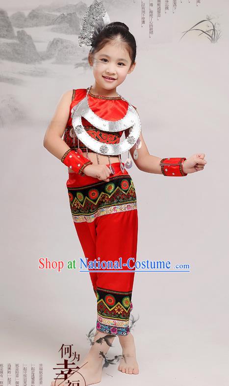 Top Grade Chinese Miao Nationality Little Girls Costume, Children Hmong Dance Red Clothing for Kids