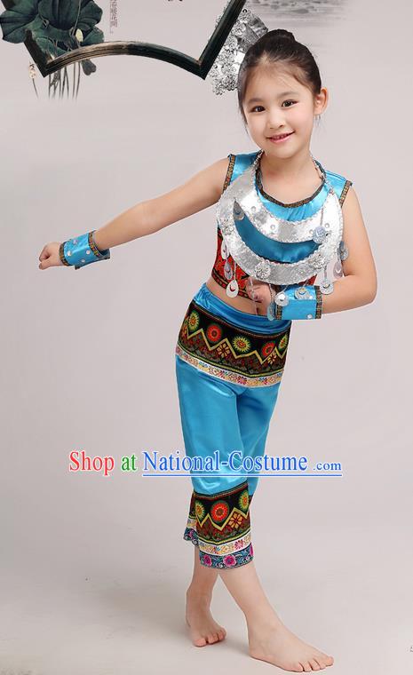 Top Grade Chinese Miao Nationality Little Girls Costume, Children Hmong Dance Blue Clothing for Kids