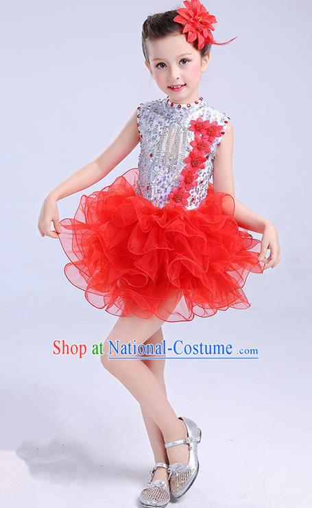 Top Grade Chinese Professional Performance Jazz Dance Costume, Children Modern Dance Red Bubble Dress for Kids