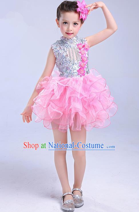 Top Grade Chinese Professional Performance Jazz Dance Costume, Children Modern Dance Pink Bubble Dress for Kids