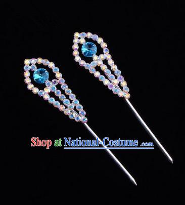 Chinese Ancient Peking Opera Head Accessories Young Lady Diva Colorful Crystal Headwear Blue Hairpins, Traditional Chinese Beijing Opera Hua Tan Head-ornaments