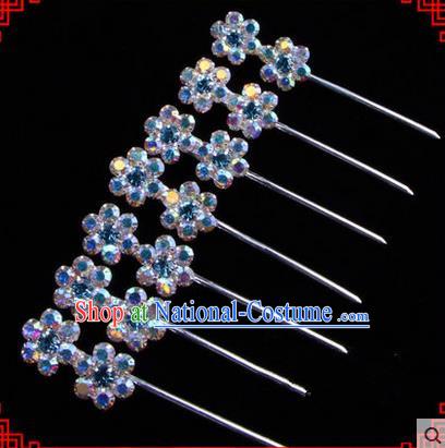 Chinese Ancient Peking Opera Head Accessories Young Lady Diva Colorful Crystal Headwear Wintersweet Blue Hairpins Complete Set, Traditional Chinese Beijing Opera Hua Tan Head-ornaments