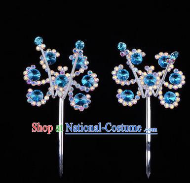 Chinese Ancient Peking Opera Head Accessories Young Lady Diva Colorful Crystal Headwear Sunflower Blue Hairpins, Traditional Chinese Beijing Opera Hua Tan Head-ornaments