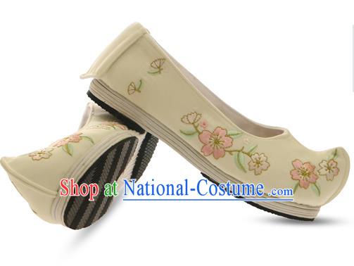 Chinese Ancient Peking Opera Young Lady Shoes, Traditional Chinese Beijing Opera Ancient Princess Hanfu Cloth Beige Shoes for Women