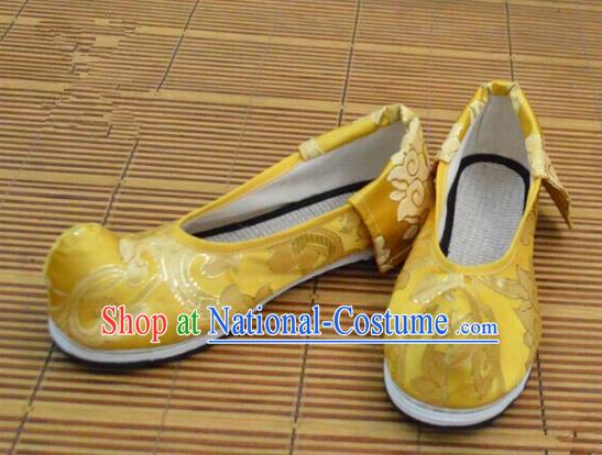 Chinese Ancient Peking Opera Young Lady Crested Shoes, Traditional Chinese Ancient Princess Hanfu Cloth Shoes Yellow Bow Shoes for Women