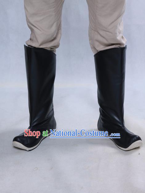 Chinese Ancient Peking Opera Officer Boots, Traditional Chinese Ancient Ming Dynasty Hanfu Leather Shoes Black Boots for Men