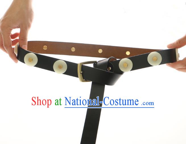 Chinese Ancient Peking Opera Leather Belts, Traditional Chinese Ancient Ming Dynasty Hanfu Jade Waistband for Men