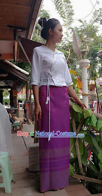 Traditional Thailand Ancient Handmade Costumes, Traditional Thai China Dai Nationality Purple Dress Clothing for Women