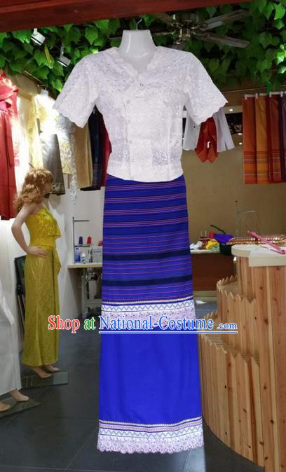 Traditional Thailand Ancient Handmade Costumes, Traditional Thai China Dai Nationality Blue Dress Clothing for Women