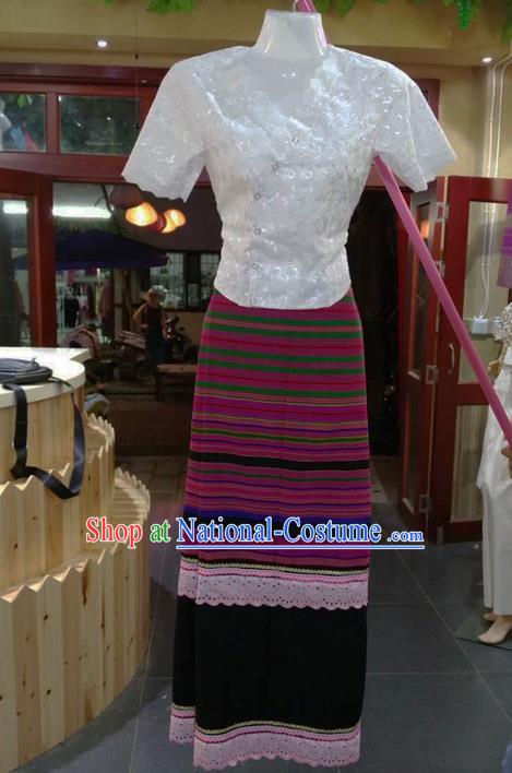 Traditional Thailand Ancient Handmade Costumes, Traditional Thai China Dai Nationality Rosy Dress Clothing for Women