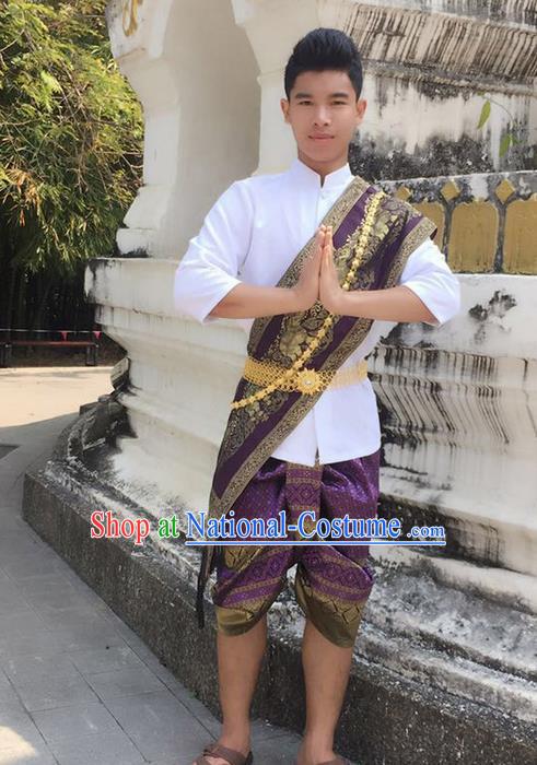 Traditional Thailand Ancient Handmade Male Costumes, Traditional Thai Uniform China Dai Nationality Purple Clothing for Men